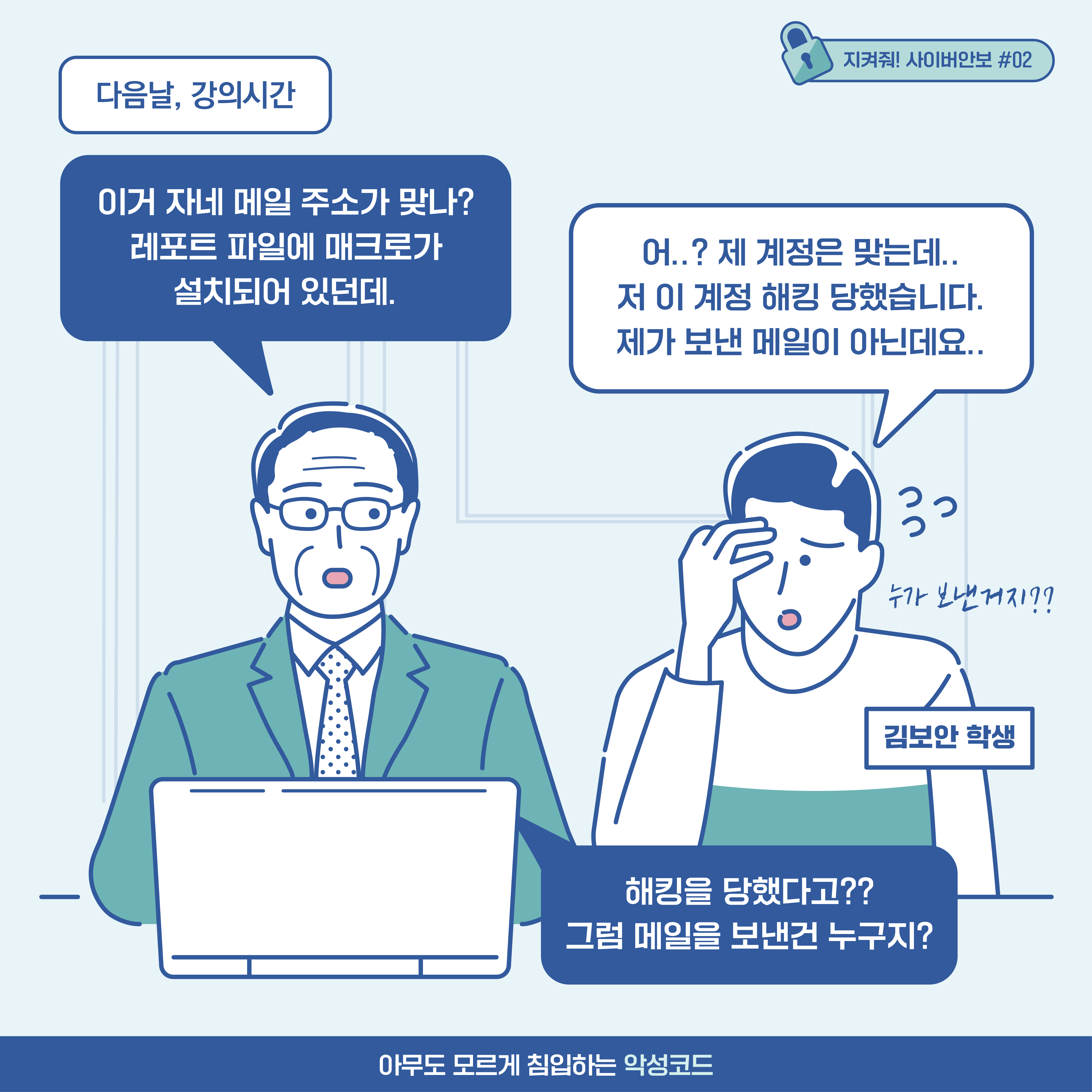 
(다음날, 강의시간) 보안대학교 교수 김교수: 이거 자네 메일 주소가 맞나? 레포트 파일에 매크로가 설치되어 있던데.
김보안 학생: 어..? 제 계정은 맞는데.. 저 이 계정 해킹 당했습니다. 제가 보낸 메일이 아닌데요.. [추임새] 누가보낸거지??
보안대학교 교수 김교수: 해킹을 당했다고?? 그럼 메일을 보낸건 누구지?
