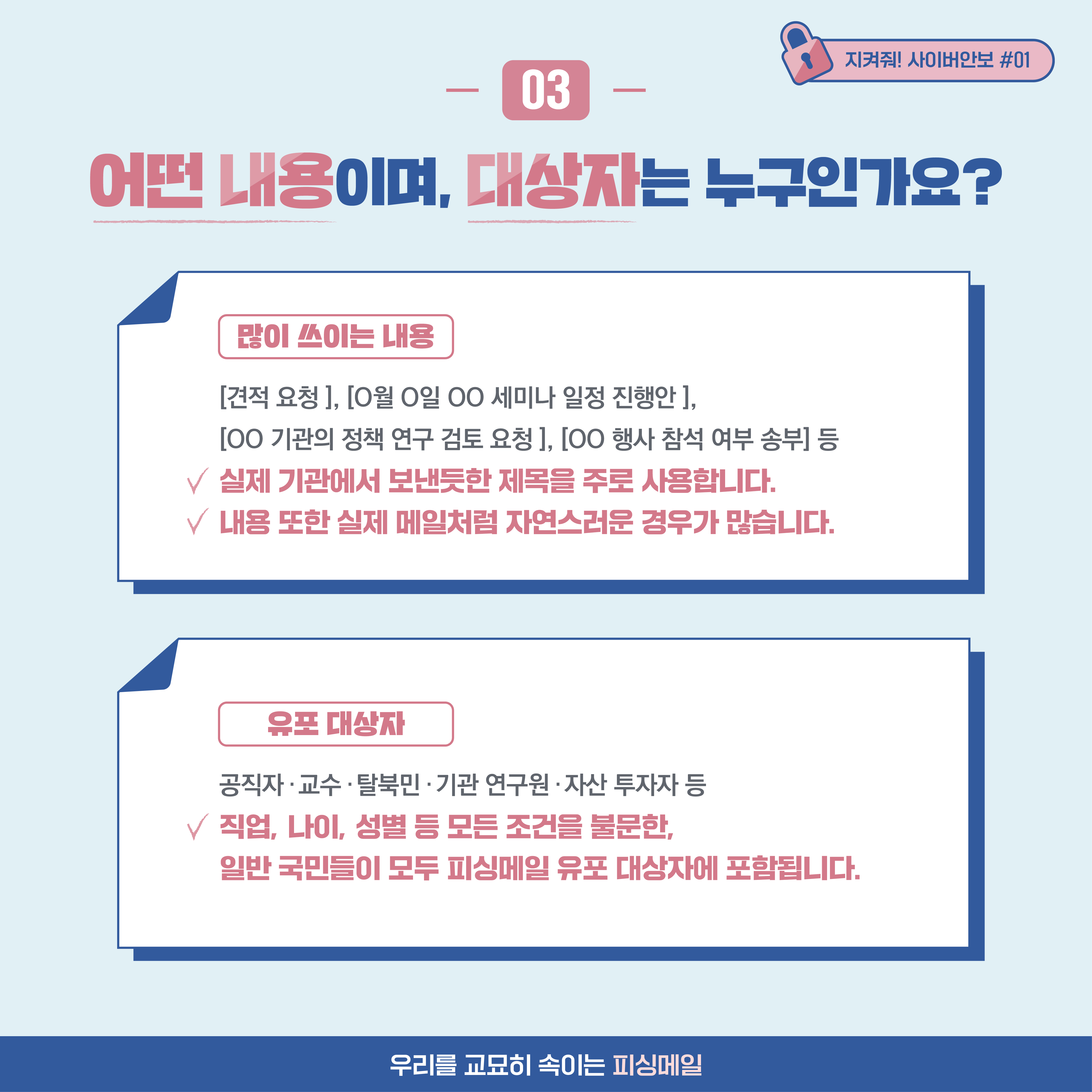 
03. 어떤 내용이며, 대상자는 누구인가요? 많이 쓰이는 내용: 견적 요청, O월 O일 OO 세미나 일정 진행안, OO 기관의 정책 연구
검토 요청, OO 행사 참석 여부 송부 등 실제 기관에서 보낸듯한 제목을 주로 사용합니다. 내용 또한 실제 메일처럼
자연스러운 경우가 많습니다. 유포 대상자: 공직자, 교수, 탈북민, 기관 연구원, 자산 투자자 등. 직업, 나이, 성별 등 모든
조건을 불문한, 일반 국민들이 모두 피싱메일 유포 대상자에 포함됩니다.