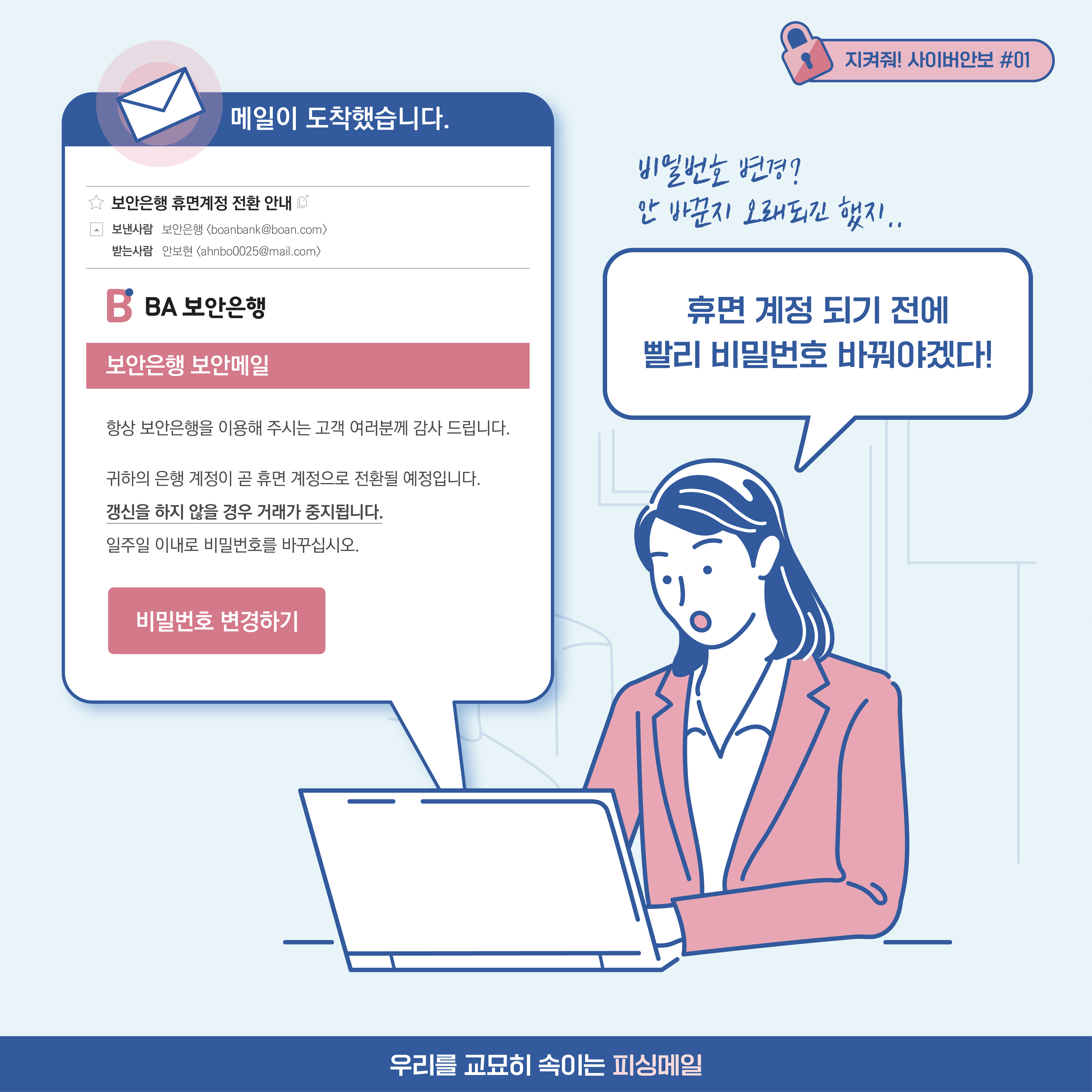 
[알림]메일이 도착했습니다. [메일내용]보안은행 휴면계정 전환 안내. 귀하의 은행 게정이 곧 휴면 계정으로 전환될 예정입니다. 갱신을 하지 않을
경우 거래가 중지됩니다. 일주일 내로 비밀번호를 바꾸십시오. 여자: 휴면 계정 되기 전에 빨리 비밀번호 바꿔야겠다! [추임새] 비밀번호 변경? 안 바꾼지 오래되긴 했지..