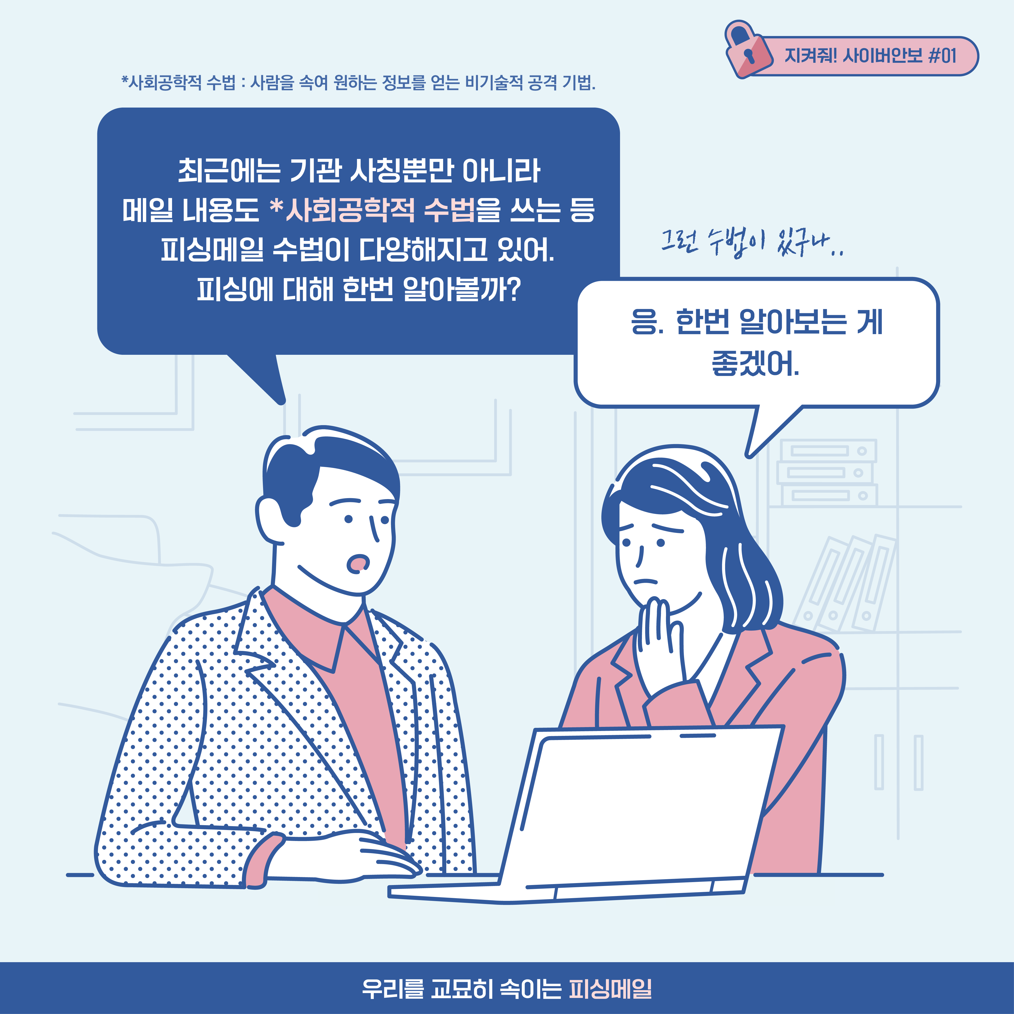 [참고] 사회공학적 수법: 사람을 속여 원하는 정보를 얻는 비기술적 공격 기법 남자: 최근에는 기관 사칭뿐만 아니라 메일 내용도 사회공학적 수법을 쓰는 등 피싱메일 수법이 다양해지고 있어. 피싱에 대해 한번 알아볼까? 여자: 응. 한번 알아보는 게 좋겠어. [추임새] 그런 수법이 있구나..