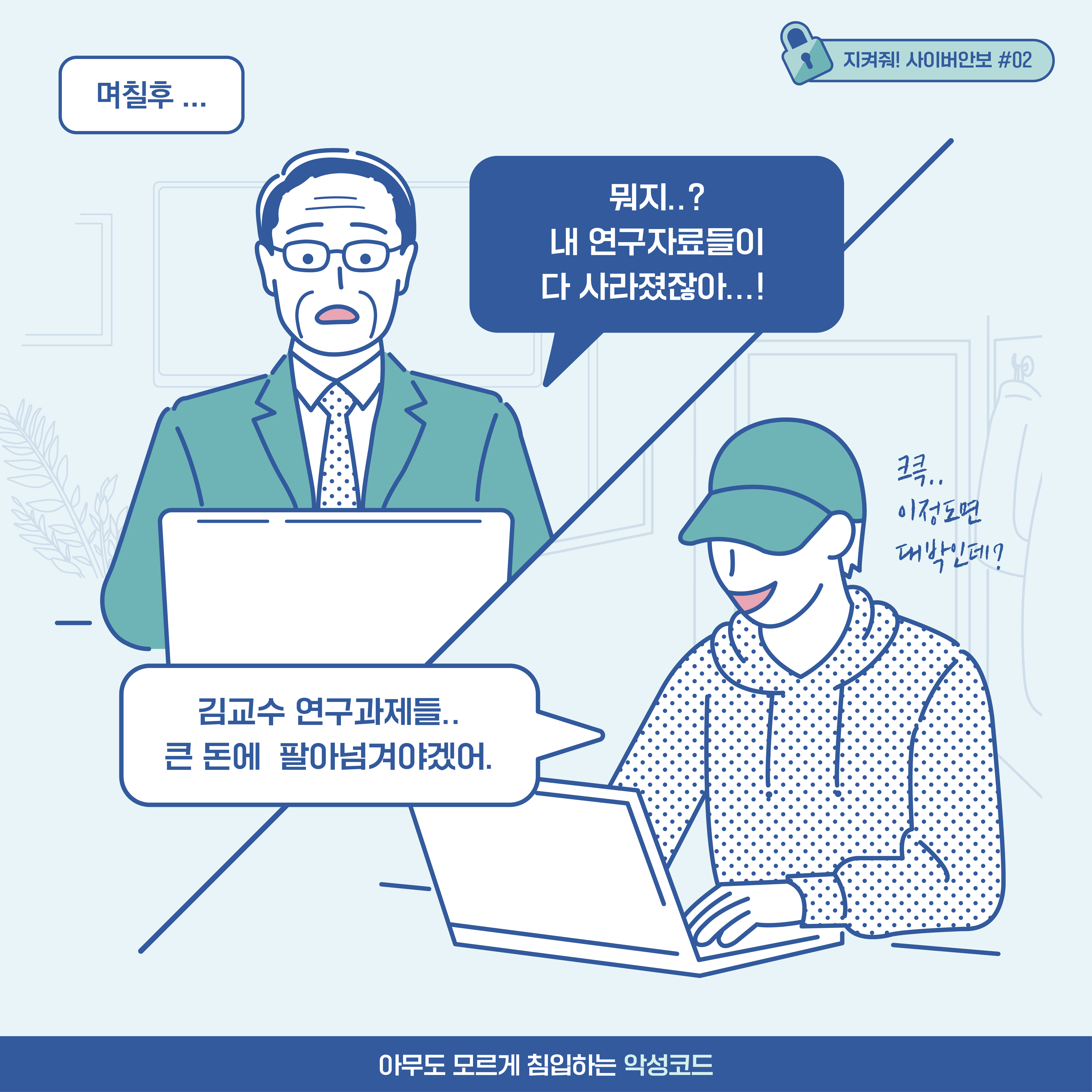 
(며칠후...) 보안대학교 교수 김교수: 뭐지..? 내 연구자료들이 다 사라졌잖아..! 해커: [추임새]크큭.. 이정도면 대박인데? 김보안대학교 교수 김교수 연구과제들.. 큰 돈에 팔아넘겨야겠어.