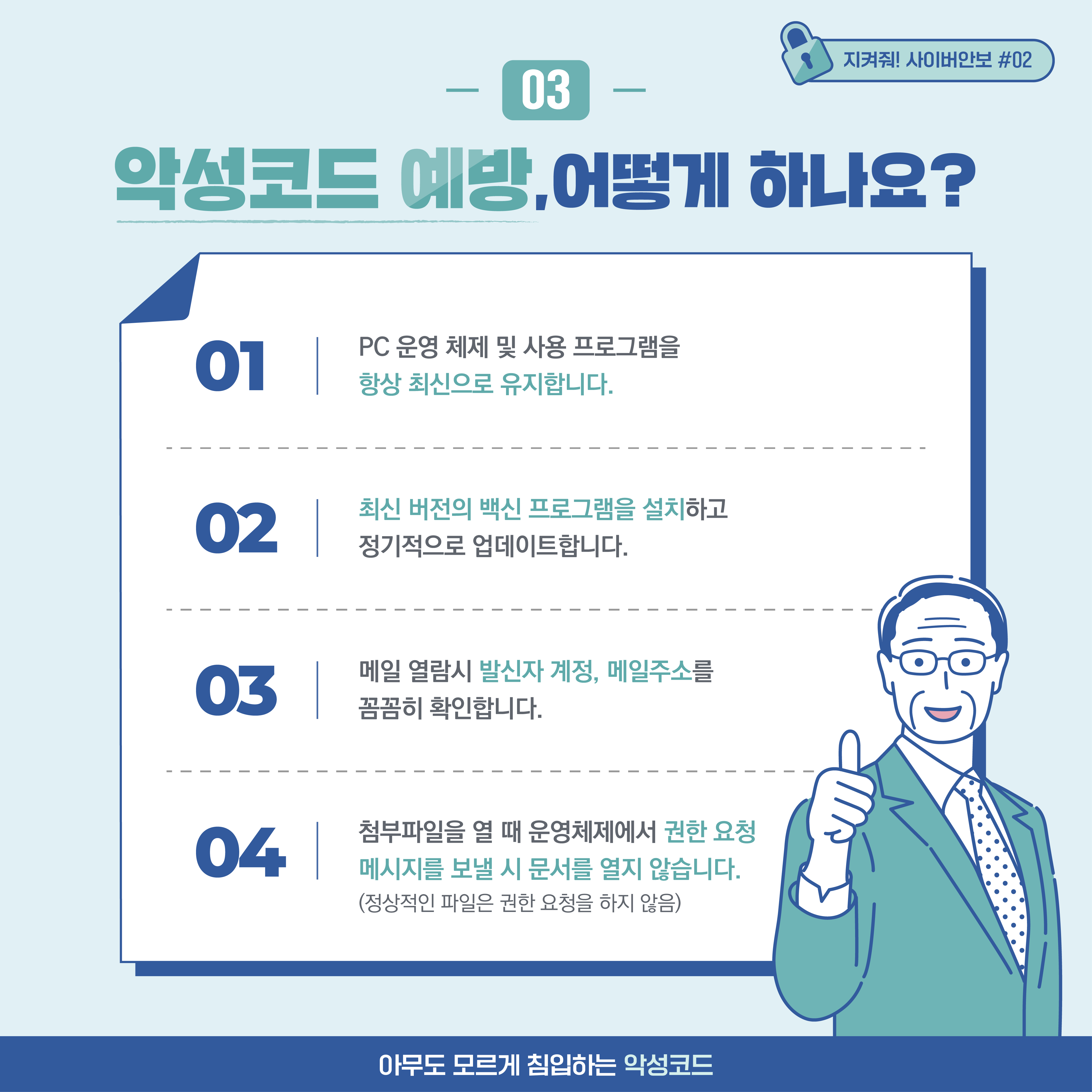 
03. 악성코드 예방, 어떻게 하나요? 1: PC 운영 체제 및 사용 프로그램을 항상 최신으로 유지합니다. 2. 최신 버전의 백신
프로그램을 설치하고 정기적으로 업데이트합니다. 3. 메일 열람시 발신자 계정, 메일주소를 꼼꼼히 확인합니다.
4. 첨부파일을 열 때 운영체제에서 권한 요청 메시지를 보낼 시 문서를 열지 않습니다. (정상적인 파일은 권한 요청을 하지 않음)