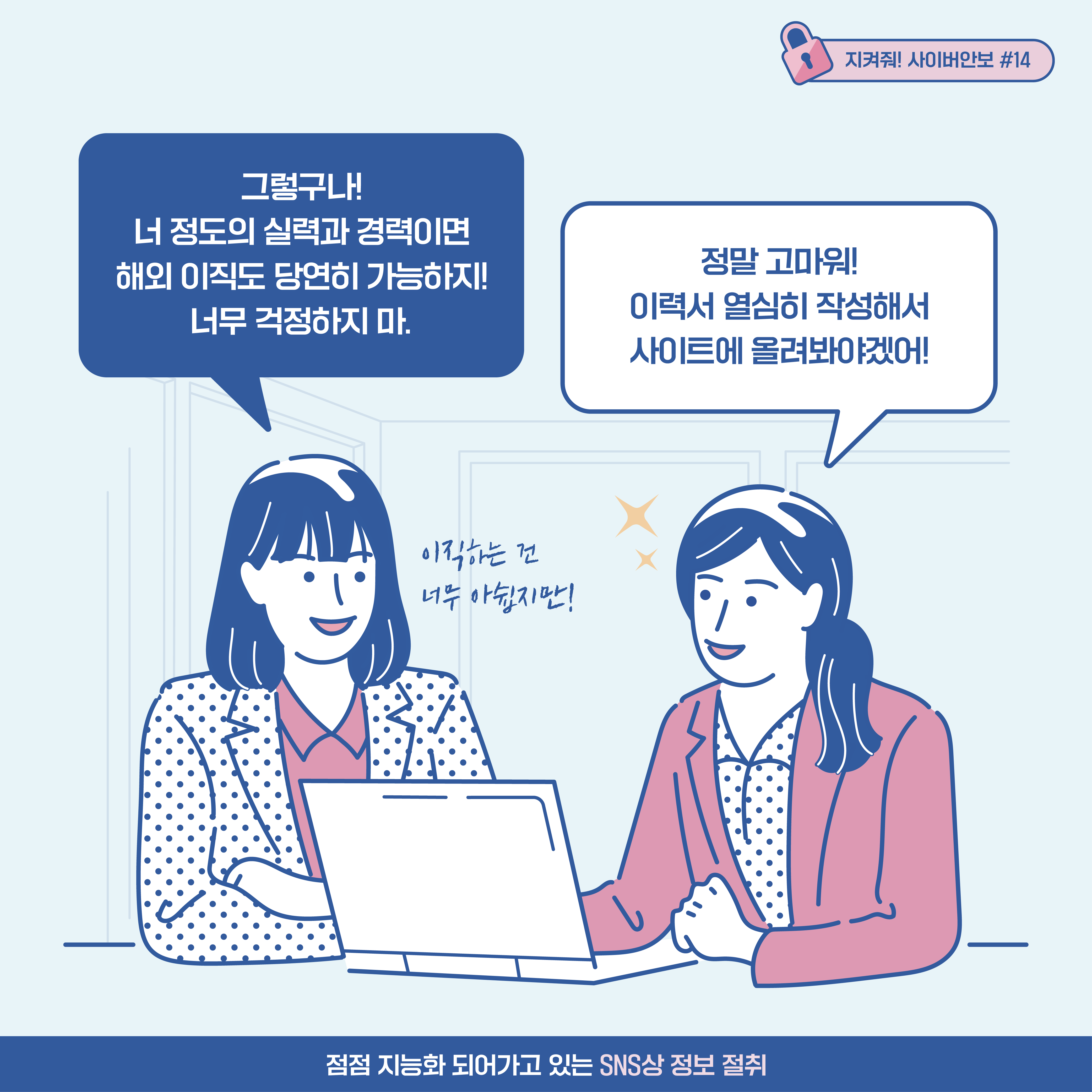 
A기업 기술 연구원1: 그렇구나! 너 정도의 실력과 경력이면 해외 이직도 당연히 가능하지! 너무 걱정하지 마. [추임새] 이직하는 건 너무 아쉽지만!
A기업 기술 연구원2: 정말 고마워! 이력서 열심히 작성해서 사이트에 올려봐야겠어!