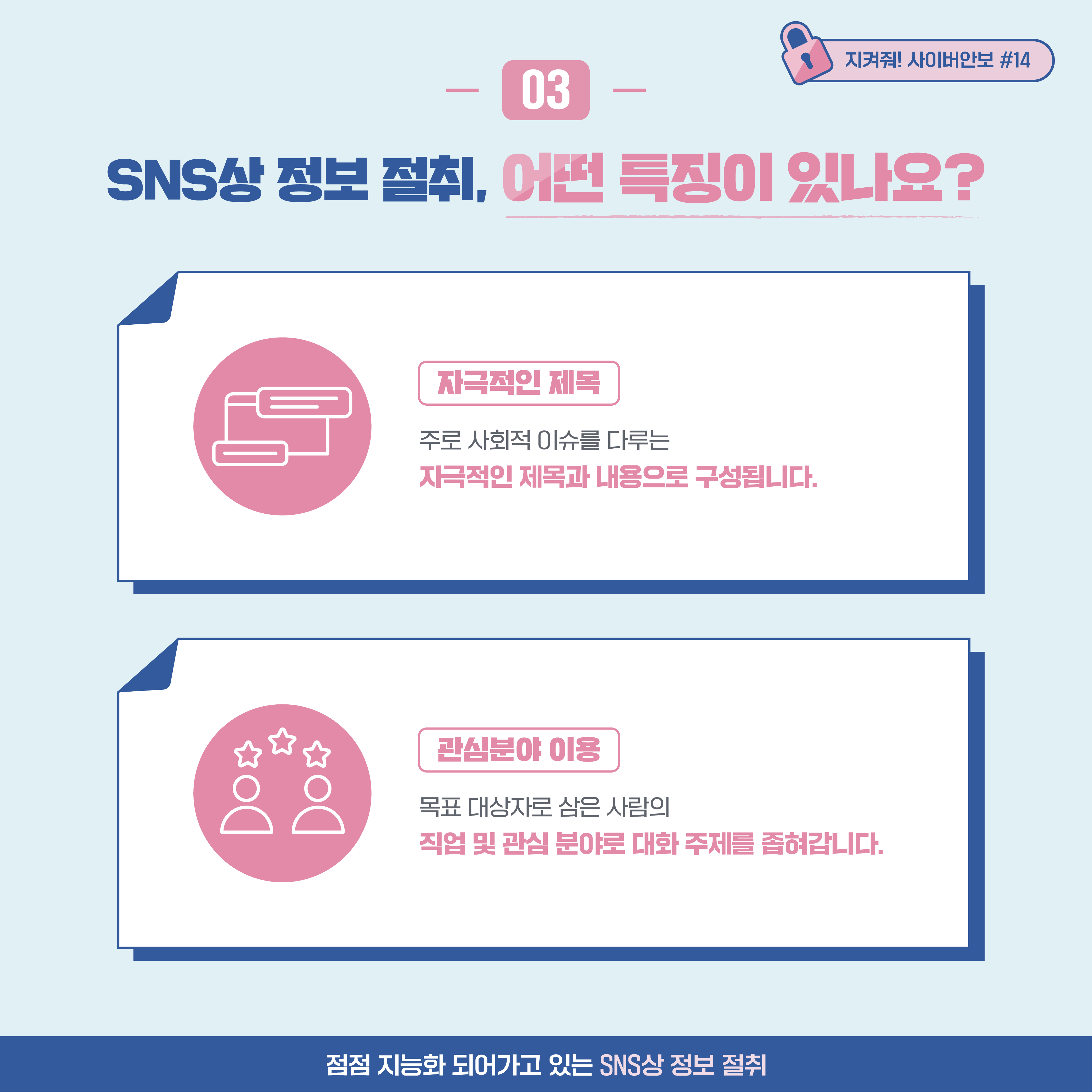 
03. SNS상 정보 절취, 어떤 특징이 있나요?
자극적인 제목: 주로 사회적 이슈를 다루는 자극적인 제목과 내용으로 구성됩니다. 관심분야 이용: 목표 대상자로 삼은 사람의
직업 및 관심 분야로 대화 주제를 좁혀갑니다.