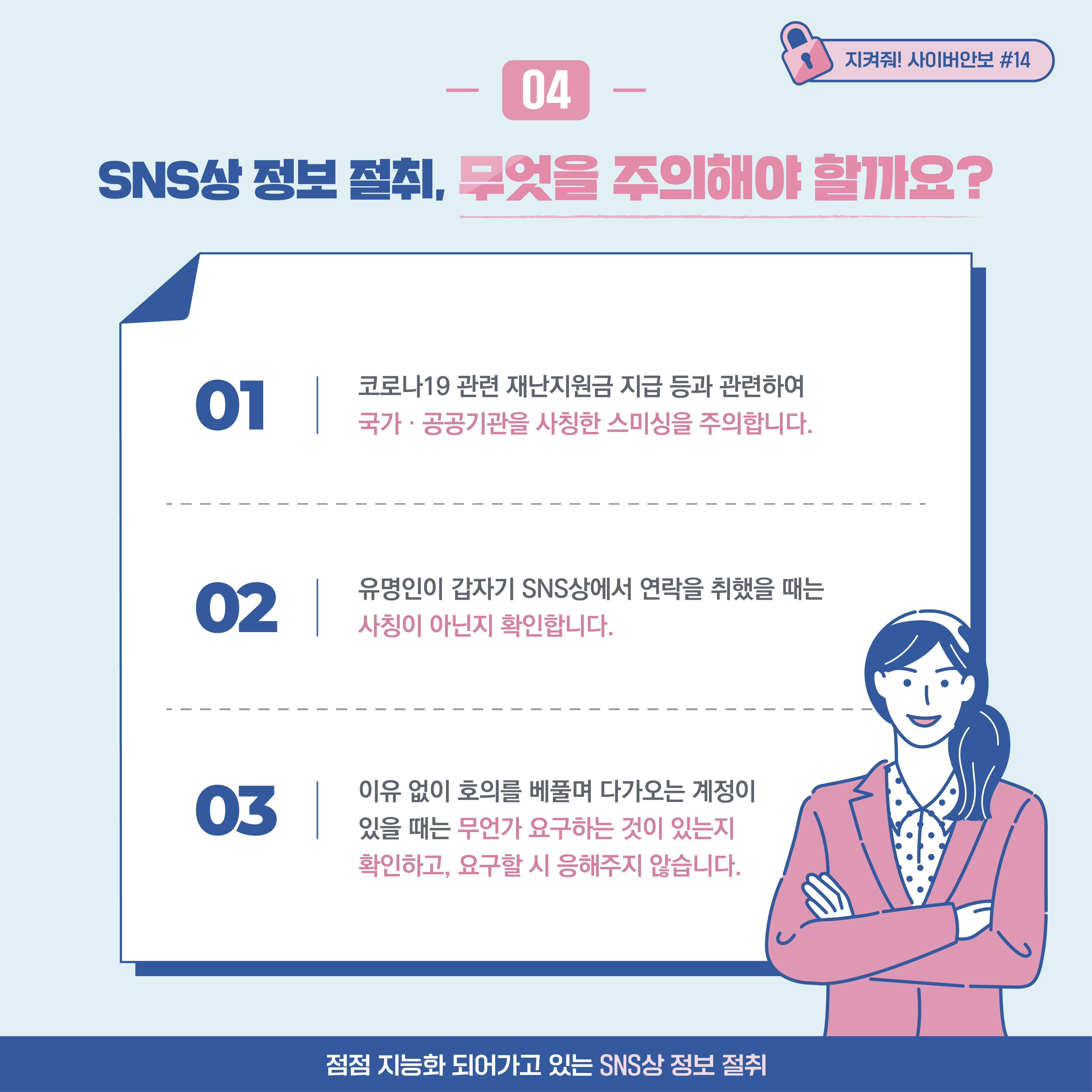 
04. SNS상 정보 절취, 무엇을 주의해야 할까요? 1. 코로나19 관련 재난지원금 지급 등과 관련하여 국가, 공공기관을 사칭한
스미싱을 주의합니다. 2. 유명인이 갑자기 SNS상에서 연락을 취했을 때는 사칭이 아닌지 확인합니다. 3. 이유 없이 호의를
베풀며 다가오는 계정이 있을 때는 무언가 요구하는 것이 있는지 확인하고, 요구할 시 응해주지 않습니다.