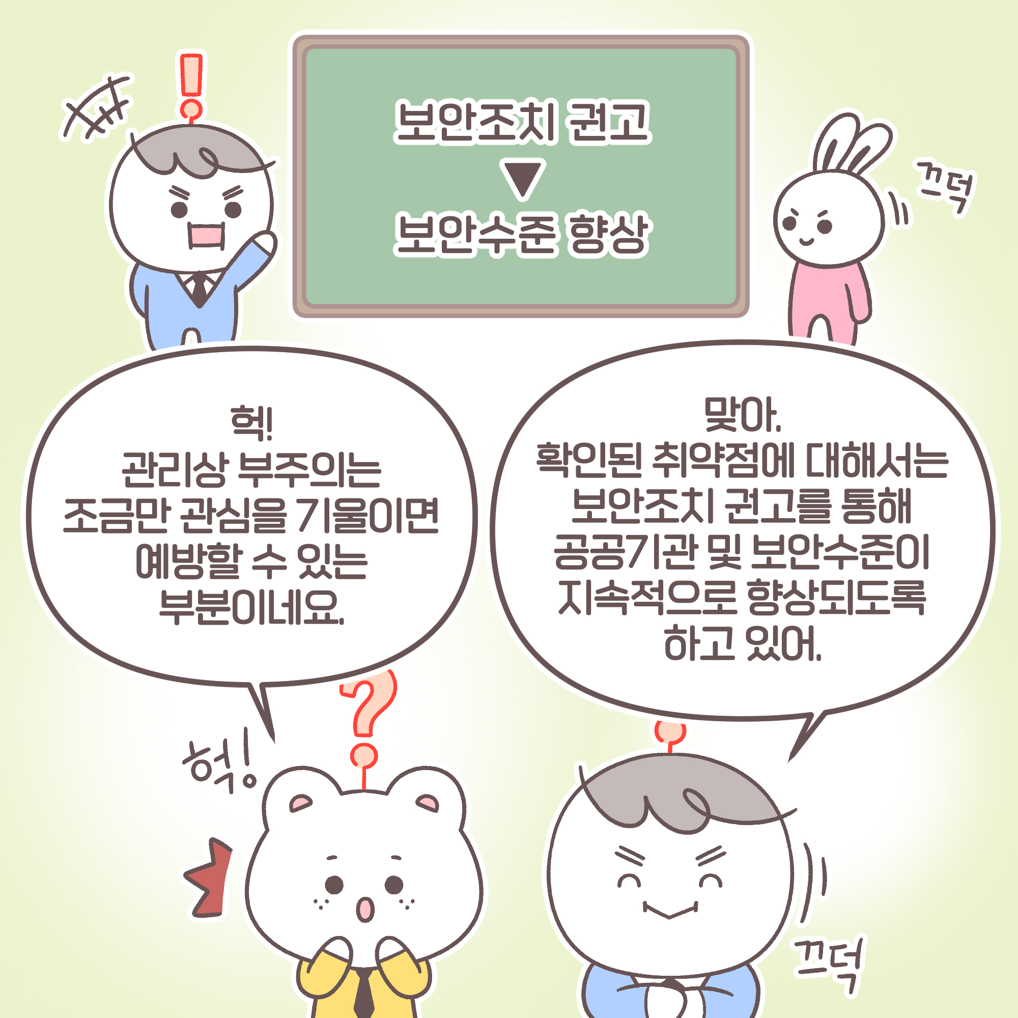 신입: 헉! 관리상 부주의는 조금만 관심을 기울이면 예방할 수 있는 부분이네요. 팀장: 맞아. 확인된 취약점에 대해서는 보안조취 권고를 통해 공공기관 및 보안수준이 지속적으로 향상되도록 하고 있어. 토끼:[추임새]끄덕 신입:[추임새]헉! 팀장:[추임새]끄덕[칠판] 보안조치권고 > 보안수준 향상