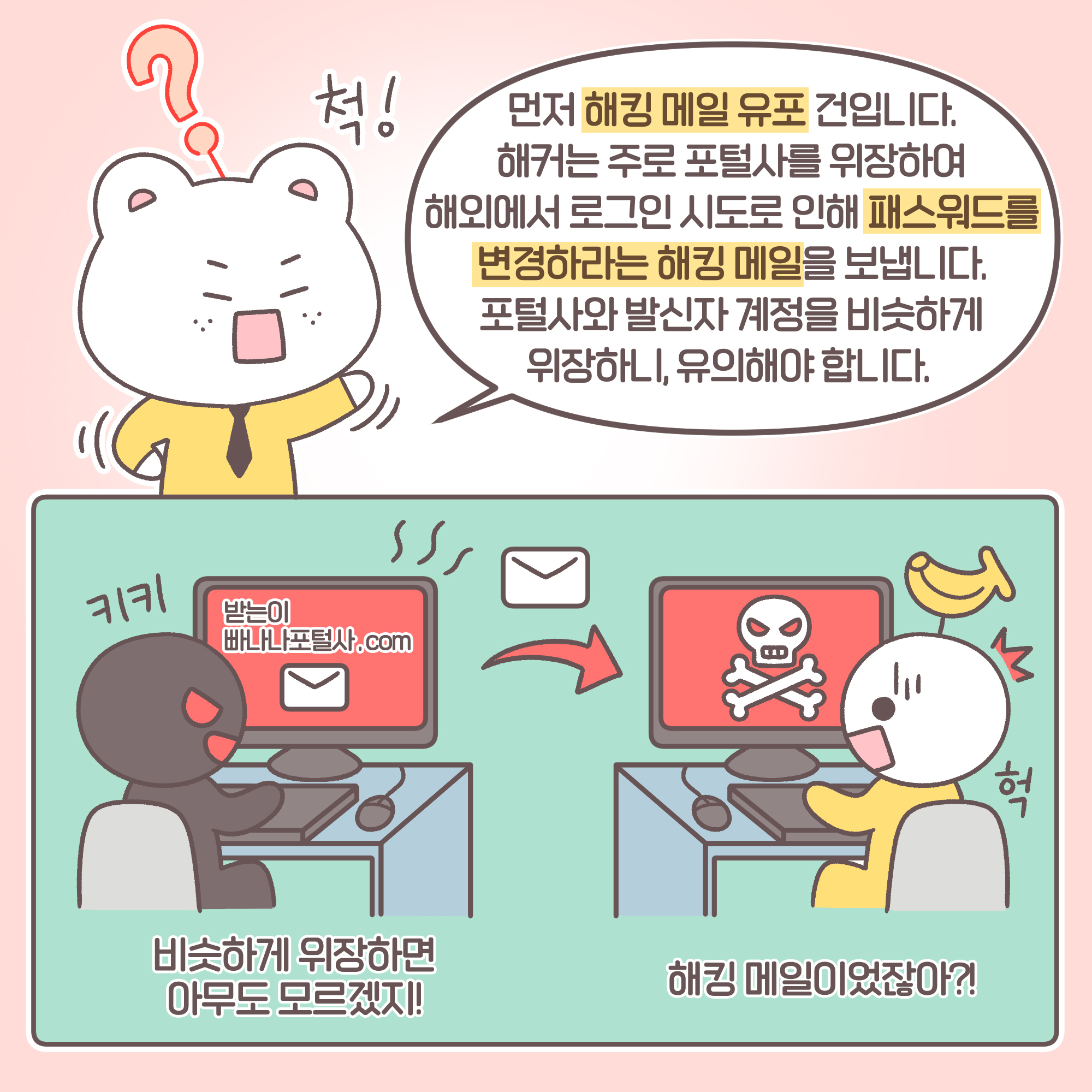 해커: [추임새] 키키 [메일내용]받는이 빠나나포털사.COM 비슷하게 위장하면 아무도 모르겠지! 사용자: [추임새] 헉 [메일내용] 해킹메일 해킹 메일이었잖아? 신입: 먼저 해킹 메일 유포 건입니다. 해커는 주로 포털사를 위장하여 해외에서 로그인 시도로 인해 패스워드를 변경하라는 해킹 메일을 보냅니다. 포털사와 발신자 계정을 비슷하게 위장하니, 유의해야 합니다.