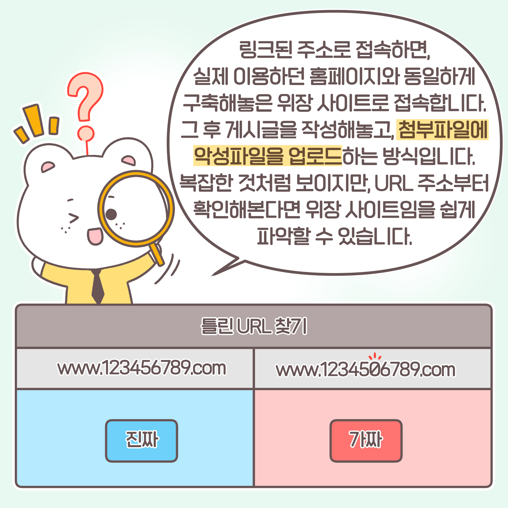 신입: 링크된 주소로 접속하면, 실제 이용하던 홈페이지와 동일하게 구축해놓은 위장 사이트로 접속합니다. 그 후 게시글을 작성해놓고,
첨부파일에 악성파일을 업로드하는 방식입니다. 복잡한 것처럼 보이지만, URL 주소부터 확인해본다면 위장 사이트임을 쉽게 파악할 수 있습니다. [틀린 url찾기] 진짜: www.123456789.com 가짜: www.1234506789.com