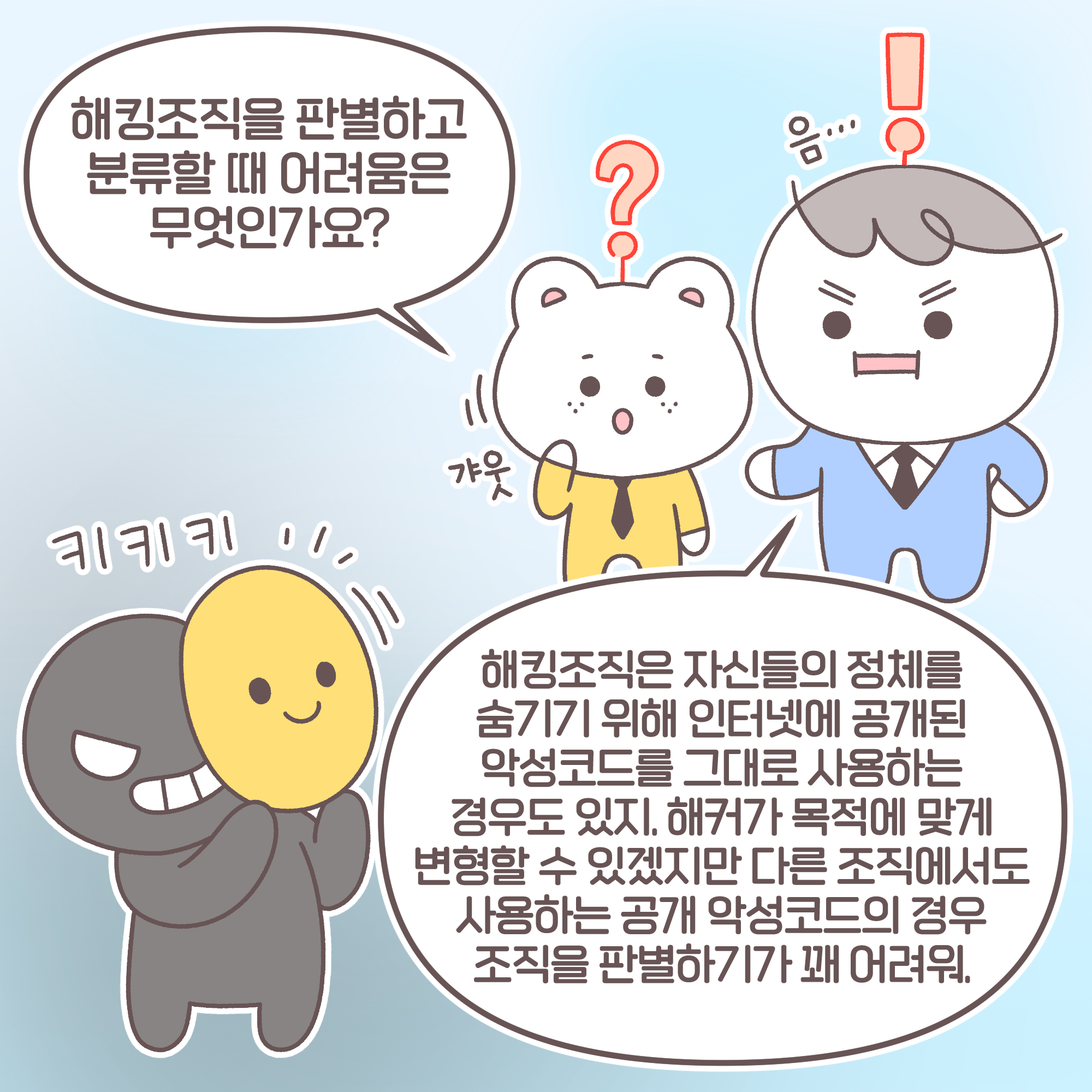 신입: 해킹조직을 판별하고 분류할 때 어려움은 무엇인가요?
팀장: 해킹조직은 자신들의 정체를 숨기기 위해 인터넷에 공개된 악성코드를 그대로 사용하는 경우도 있지. 해커가 목적에 맞게 변형할 수 있겠지만 다른 조직에서도 사용하는 공개 악성코드의 경우 조직을 판별하기가 꽤 어려워.