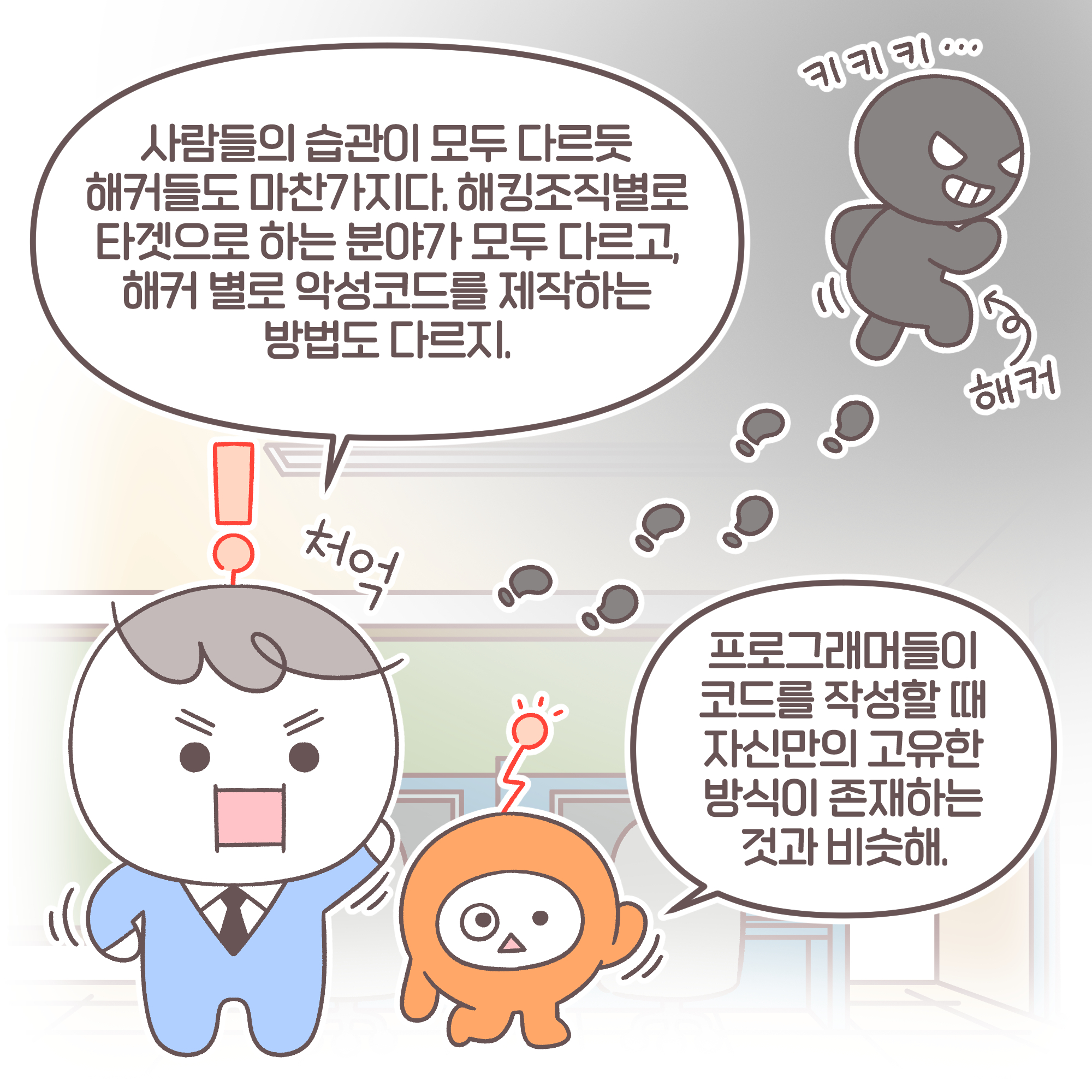 팀장: 사람들의 습관이 모두 다르듯 해커들도 마찬가지다. 해킹조직별로 타겟으로 하는 분야가 모두 다르고, 해커 별로
악성코드를 제작하는 방법도 다르지. 대리: 프로그래머들이 코드를 작성할 때 자신만의 고유한 방식이 존재하는 것과 비슷해.