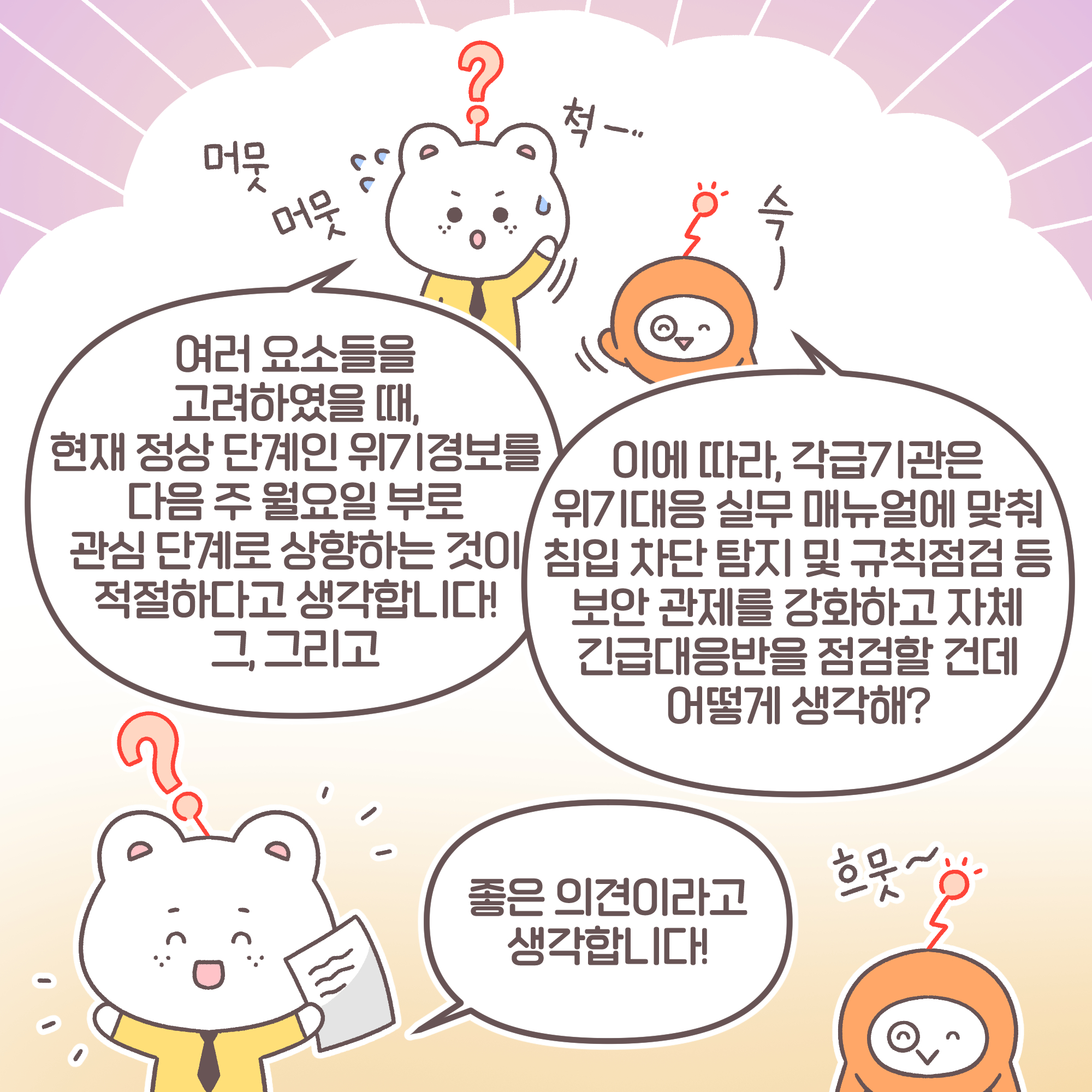 신입:[추임새]머뭇머뭇 여러 요소들을 고려하였을 때, 현재 정상 단계인 위기경보를 다음 주 월요일 부로 관심 단계로 상향하는 것이 적절하다고 생각합니다! 그, 그리고.. 대리:[추임새]슥~ 이에 따라, 각급기관은 위기대응 실무 메뉴얼에 맞춰 침입 차단 탐지 및 규칙점검 등 보안 관제를 강화하고 자체 긴급대응반을 점검할 건데 어떻게 생각해? 신입: 좋은 의견이라고 생각합니다![추임세]흐뭇~