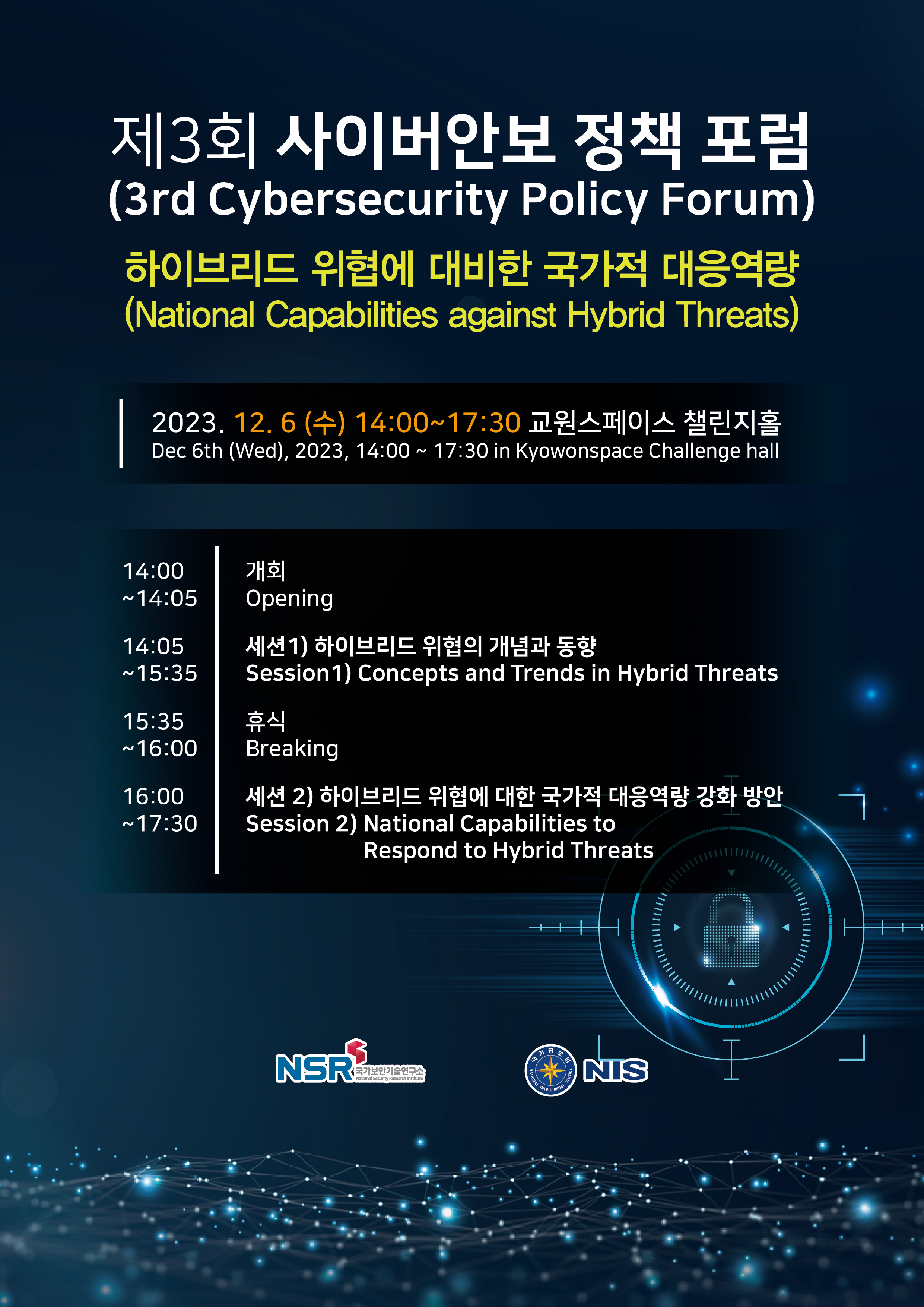 제3회 사이버안보 정책 포럼 (3rd Cybersecurity Policy Forum) 하이브리드 위협에 대비한 국가적 대응역량 (National Capabilities gainst Hybrid Threats) 2023. 12. 6 (수) 14:00~17:30 교원스페이스 챌린지홀 Dec 6th (Wed), 2023, 14:00 ~ 17:30 in yowonspace Challenge hall 14:00 ~ 14:05 개회 Opening 14:05~15:35 세션1) 하이브리드 위협의 개념과 동향 Session1) Concepts and Trends in Hybrid Threats 15:35 ~ 16:00 휴식 Breaking 16:00 ~ 17:30 세션 2) 하이브리드 위협에 대한 국가적 대응역량 강화 방안 Session 2) National Capabilities to Respond to Hybrid Threats NSR NIS